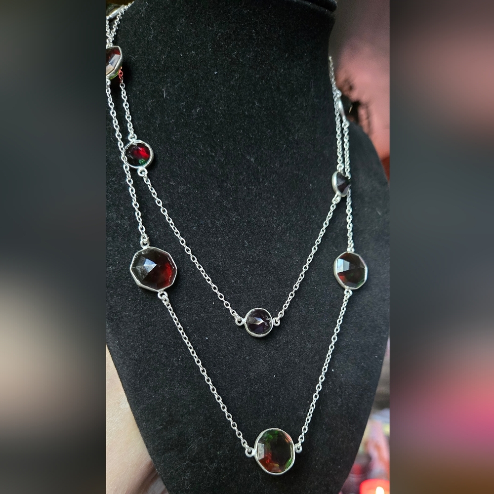 Watermelon tourmaline sterling silver diamond cut station necklace 18" - Picture 5 of 9